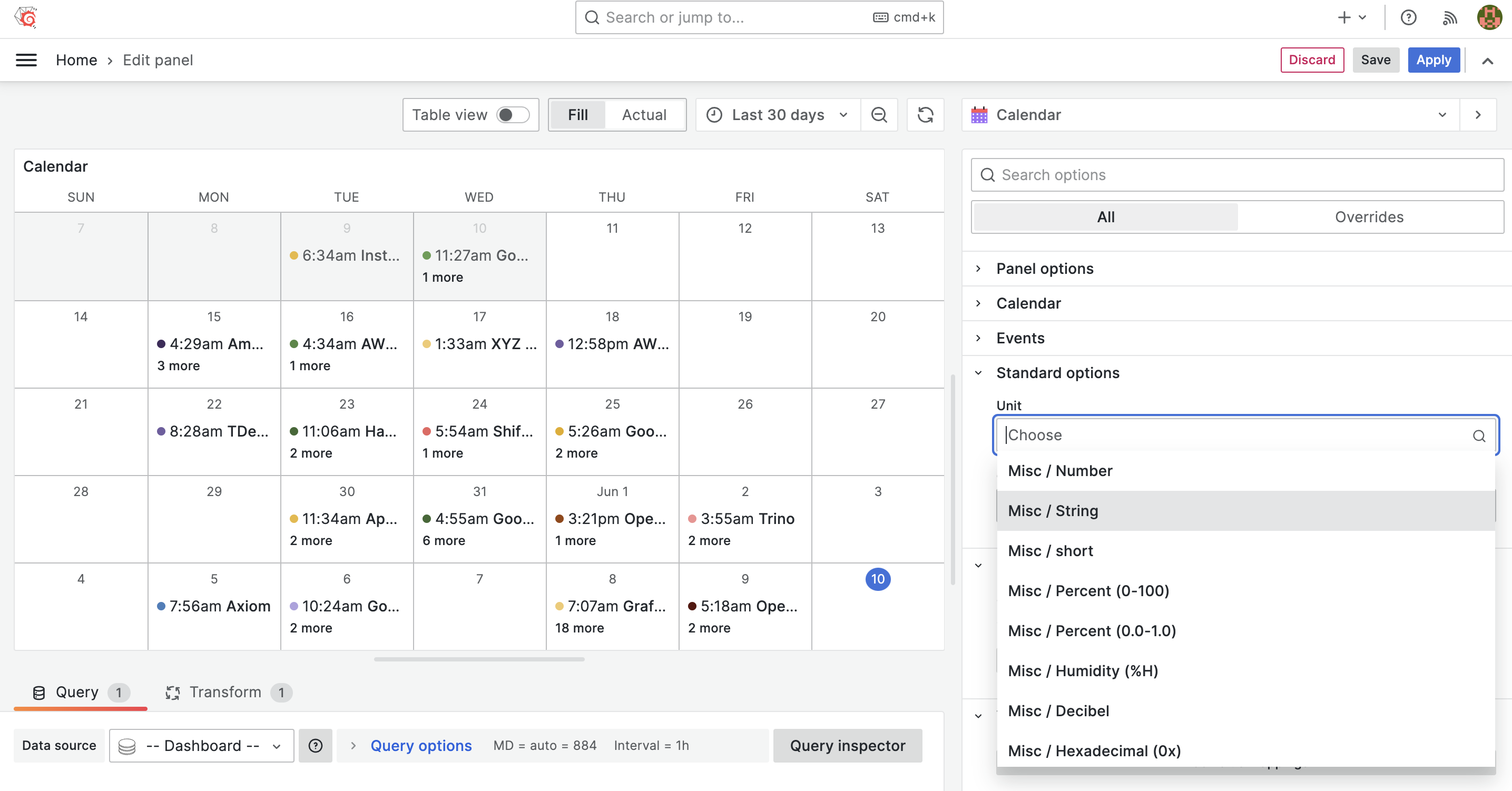 Units, value mappings, and overrides are supported in Business Calendar Panel.