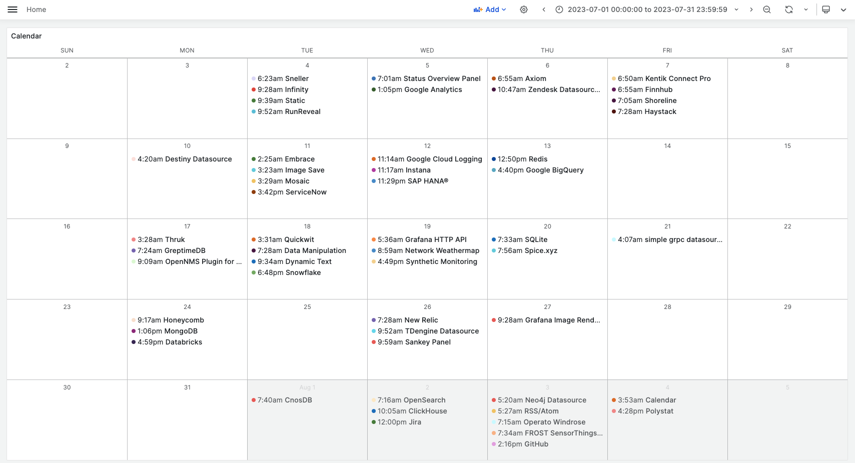 Business Calendar Panel displays Grafana plugins updated in July 2023.