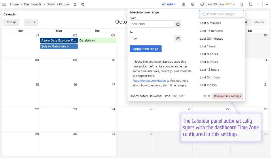 The Business Calendar panel automatically syncs with the selected dashboard time zone.
