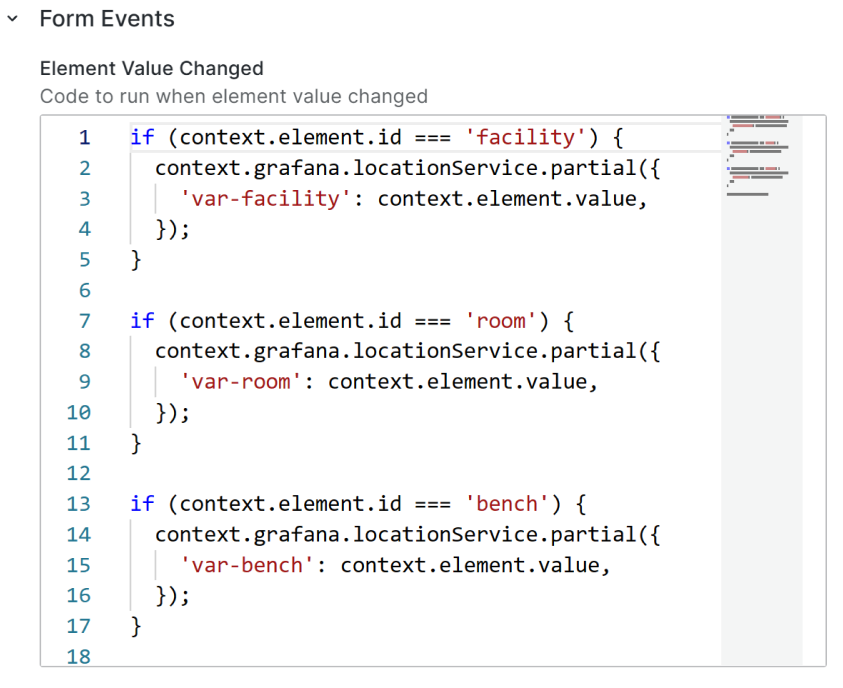 JavaScript code specified in the 'Element Value Changed' option runs after any value change.