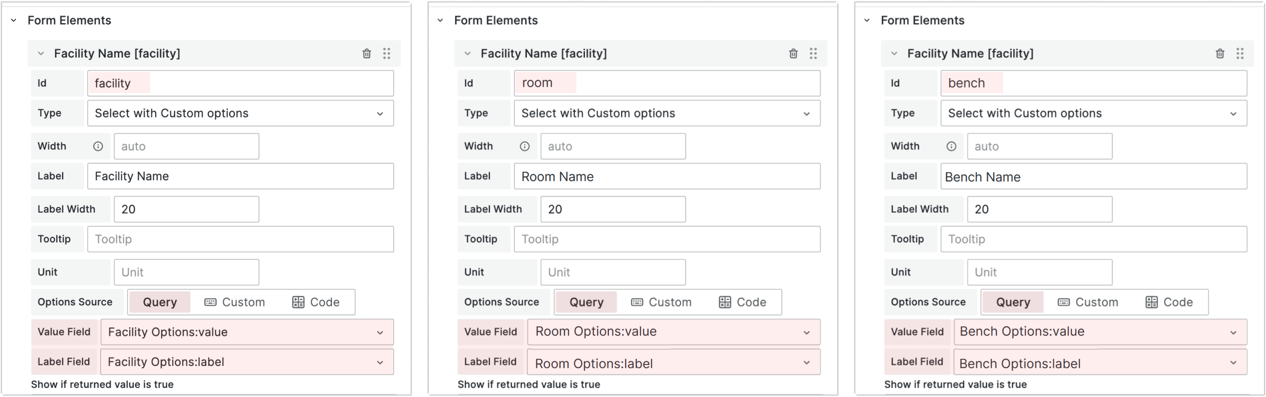Set 'Option Source' to 'Query' and specify Value and Label Fields for each form element.